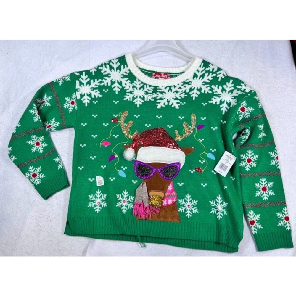 Jollidays Ugly Christmas Sweater Reindeer Sunglasses Sequin Green XL